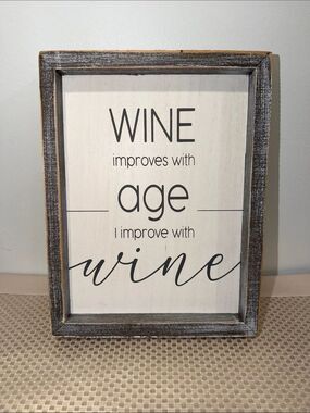 Shabby Chic Ivory Gray Brushed Wooden Framed Art  WINE Message 10 x 8 inches